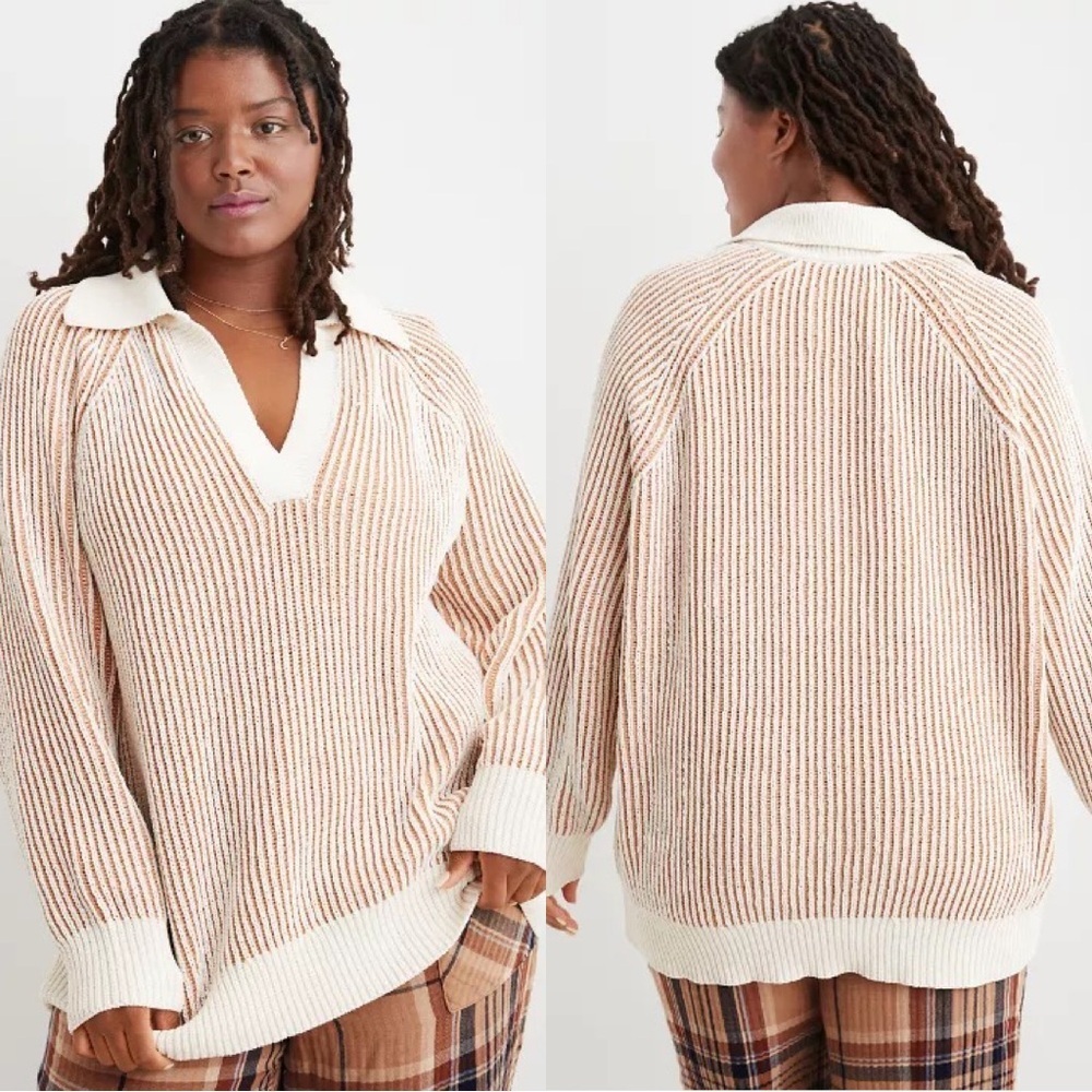 Aerie Striped Collared Sweater | Size L | Cream Rib Knit Pullover